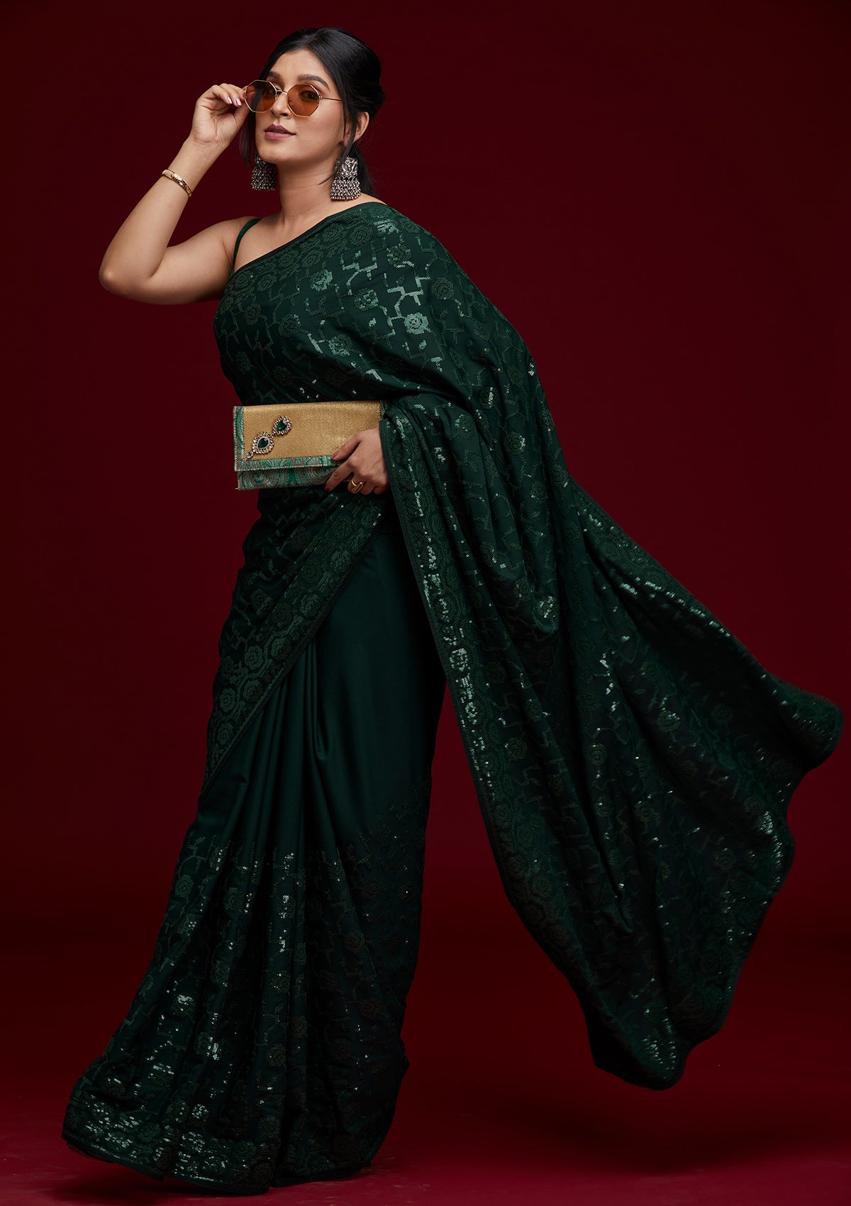 Buy Bottle Green Sequins Georgette Designer Saree Koskii