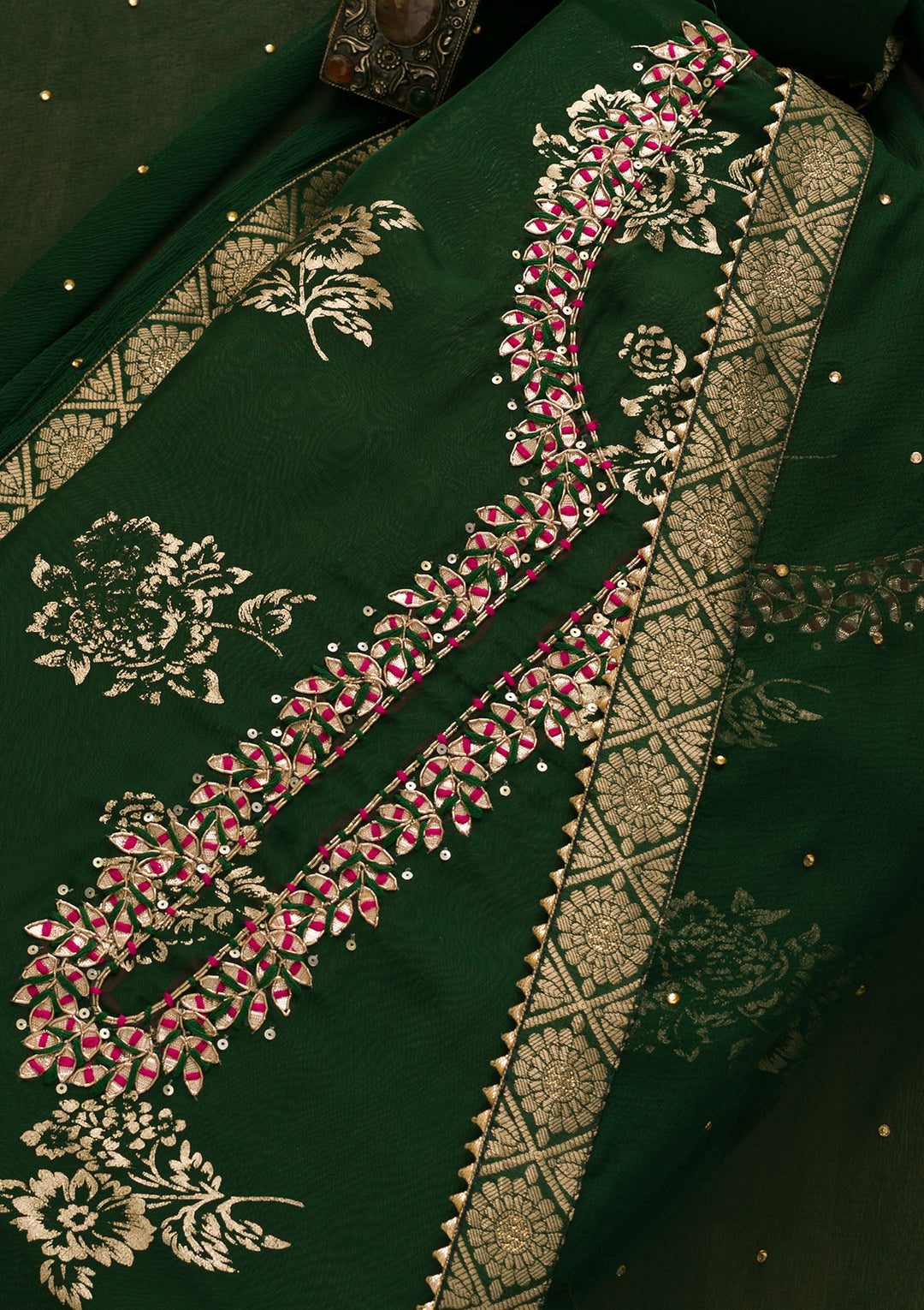 Bottle Green Gotapatti Organza Unstitched Salwar Suit-Koskii