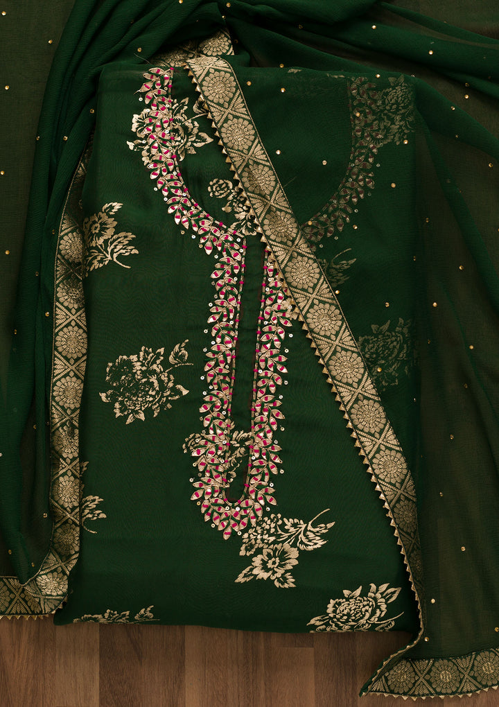 Bottle Green Gotapatti Organza Unstitched Salwar Suit-Koskii