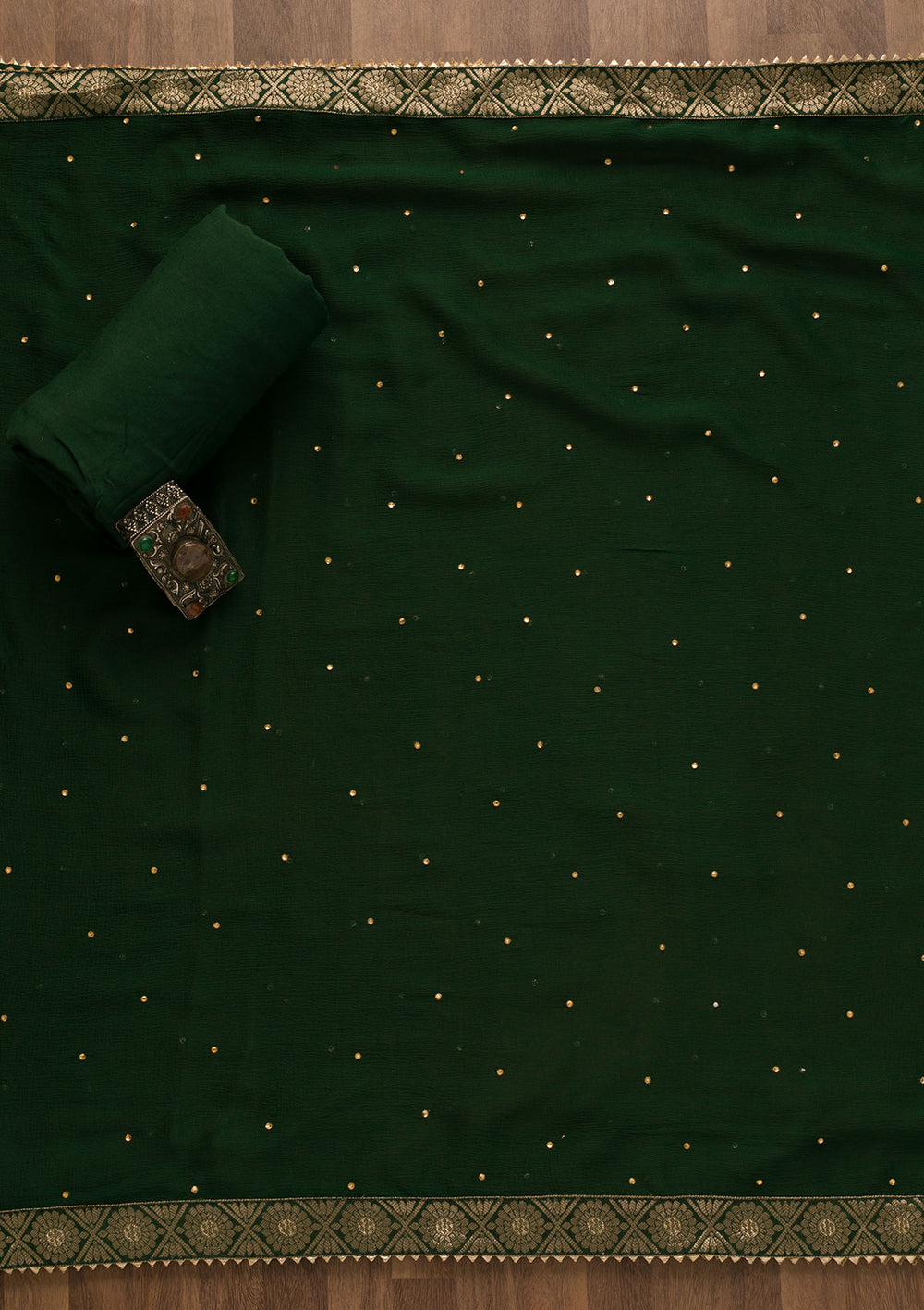 Bottle Green Gotapatti Organza Unstitched Salwar Suit-Koskii