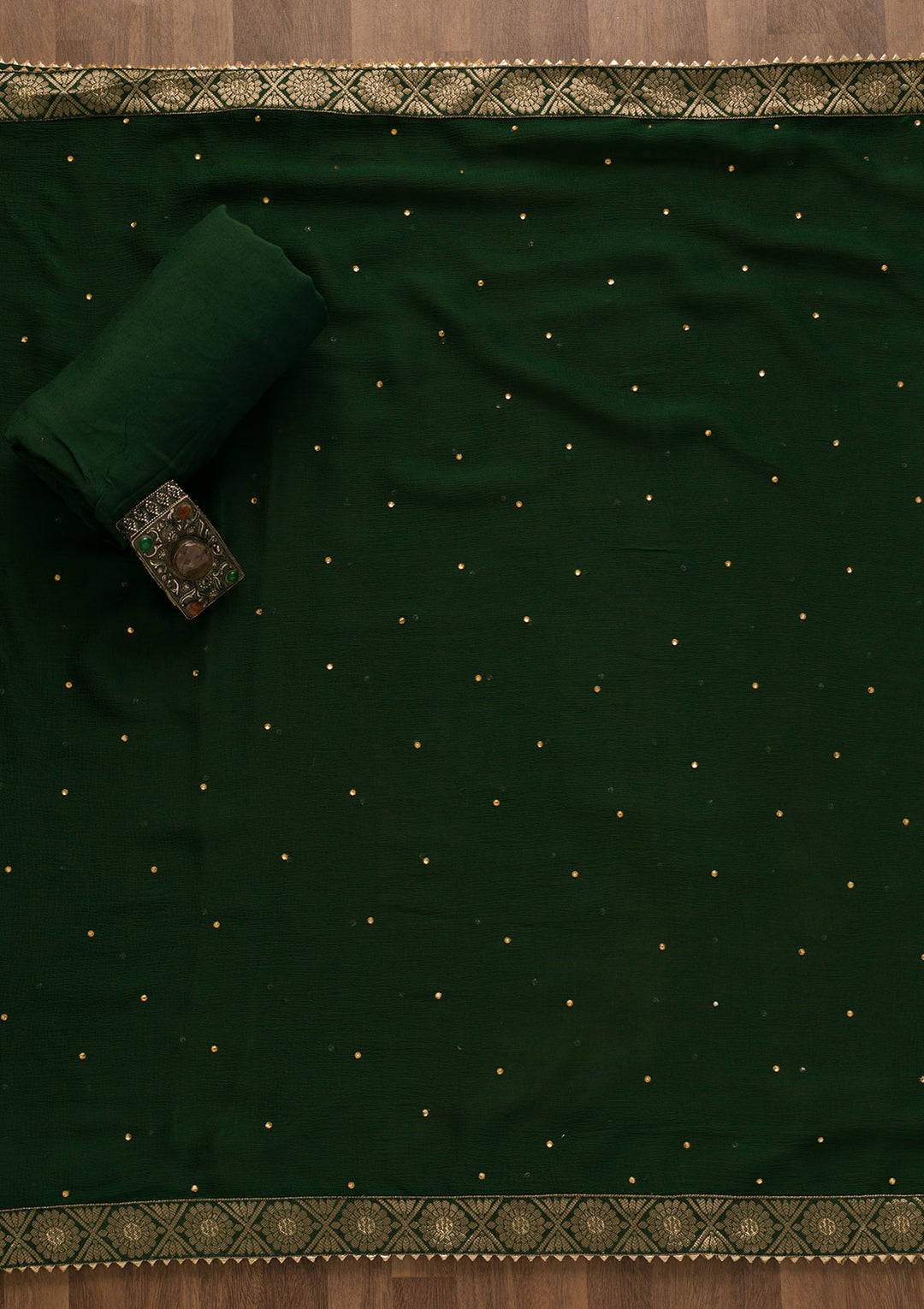 Bottle Green Gotapatti Organza Unstitched Salwar Suit-Koskii