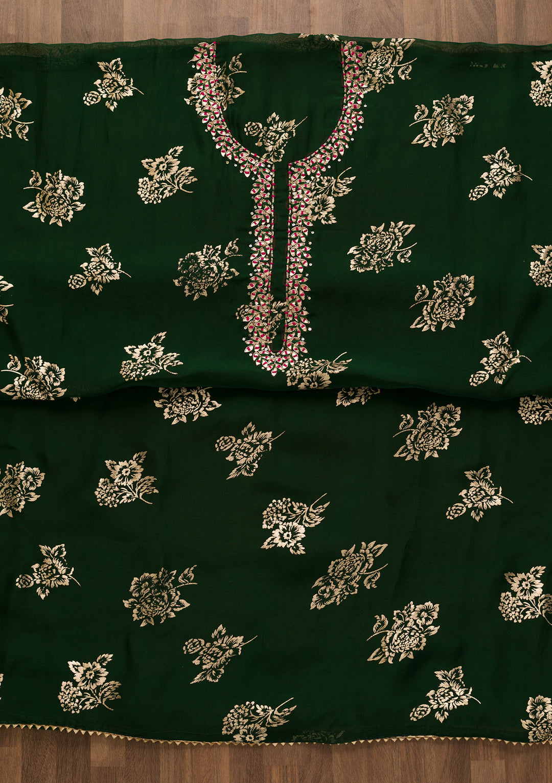 Bottle Green Gotapatti Organza Unstitched Salwar Suit-Koskii