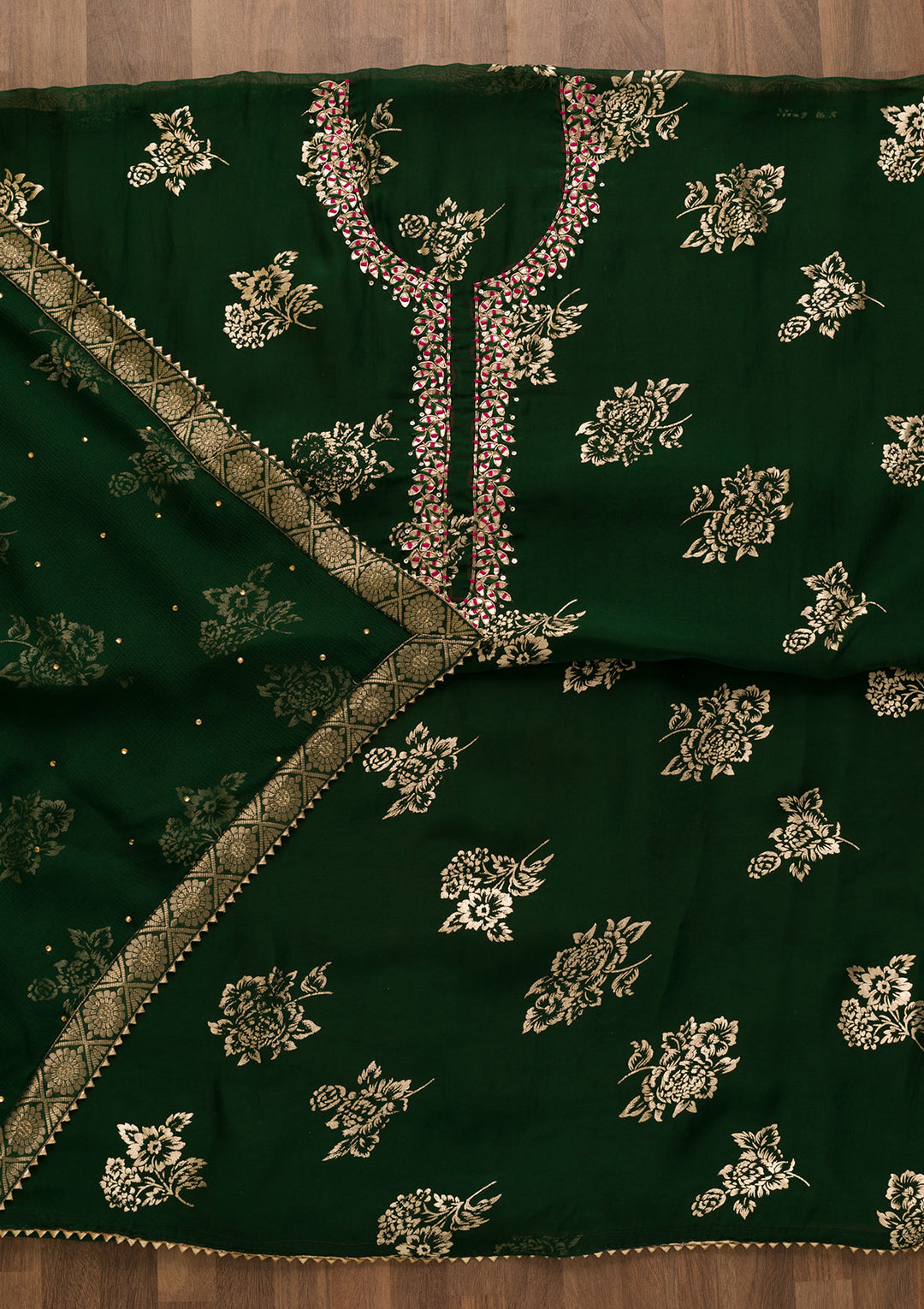 Bottle Green Gotapatti Organza Unstitched Salwar Suit-Koskii
