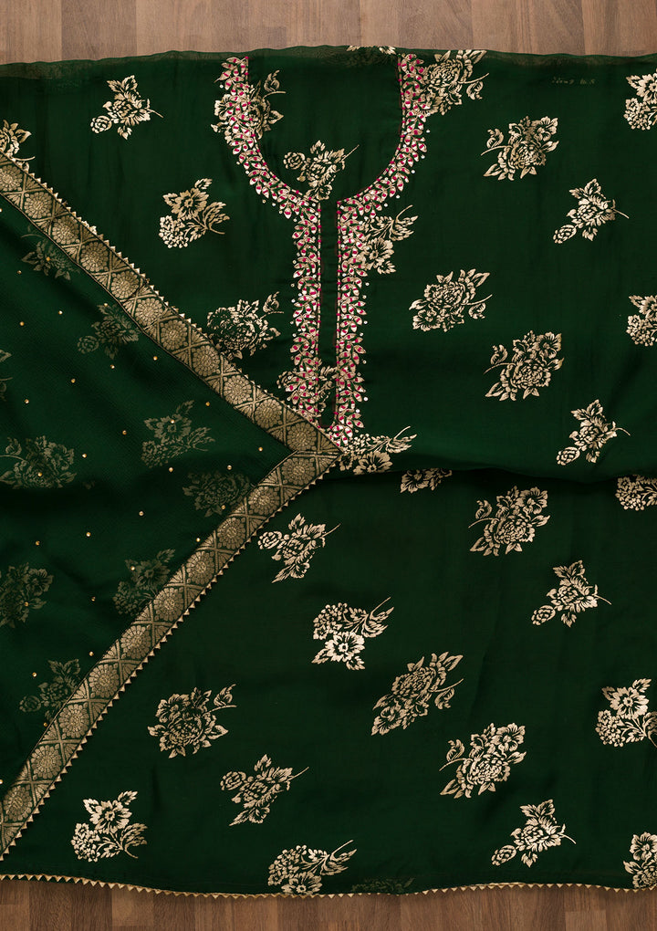 Bottle Green Gotapatti Organza Unstitched Salwar Suit-Koskii