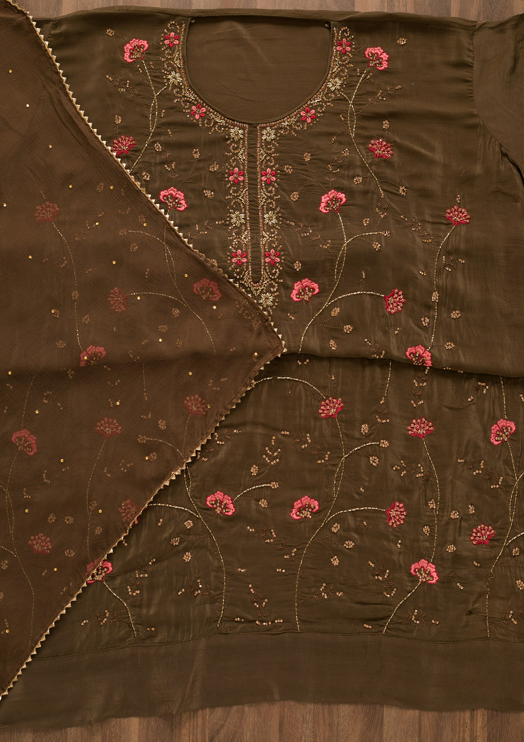 Brown Stonework Semi Crepe Unstitched Salwar Suit-Koskii