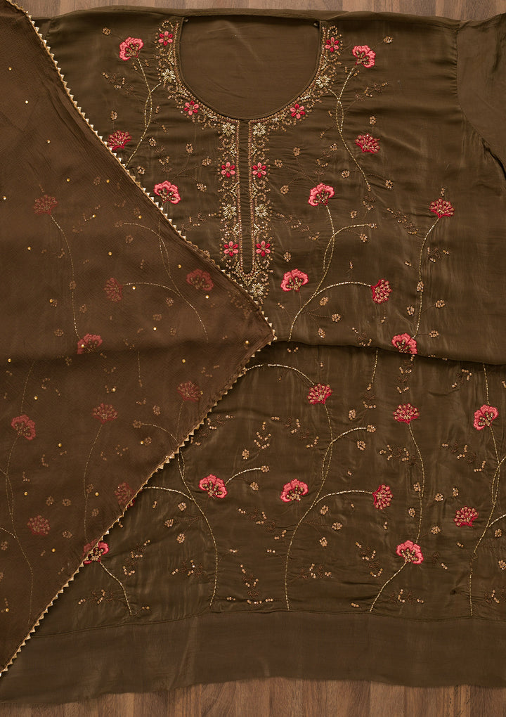 Brown Stonework Semi Crepe Unstitched Salwar Suit-Koskii