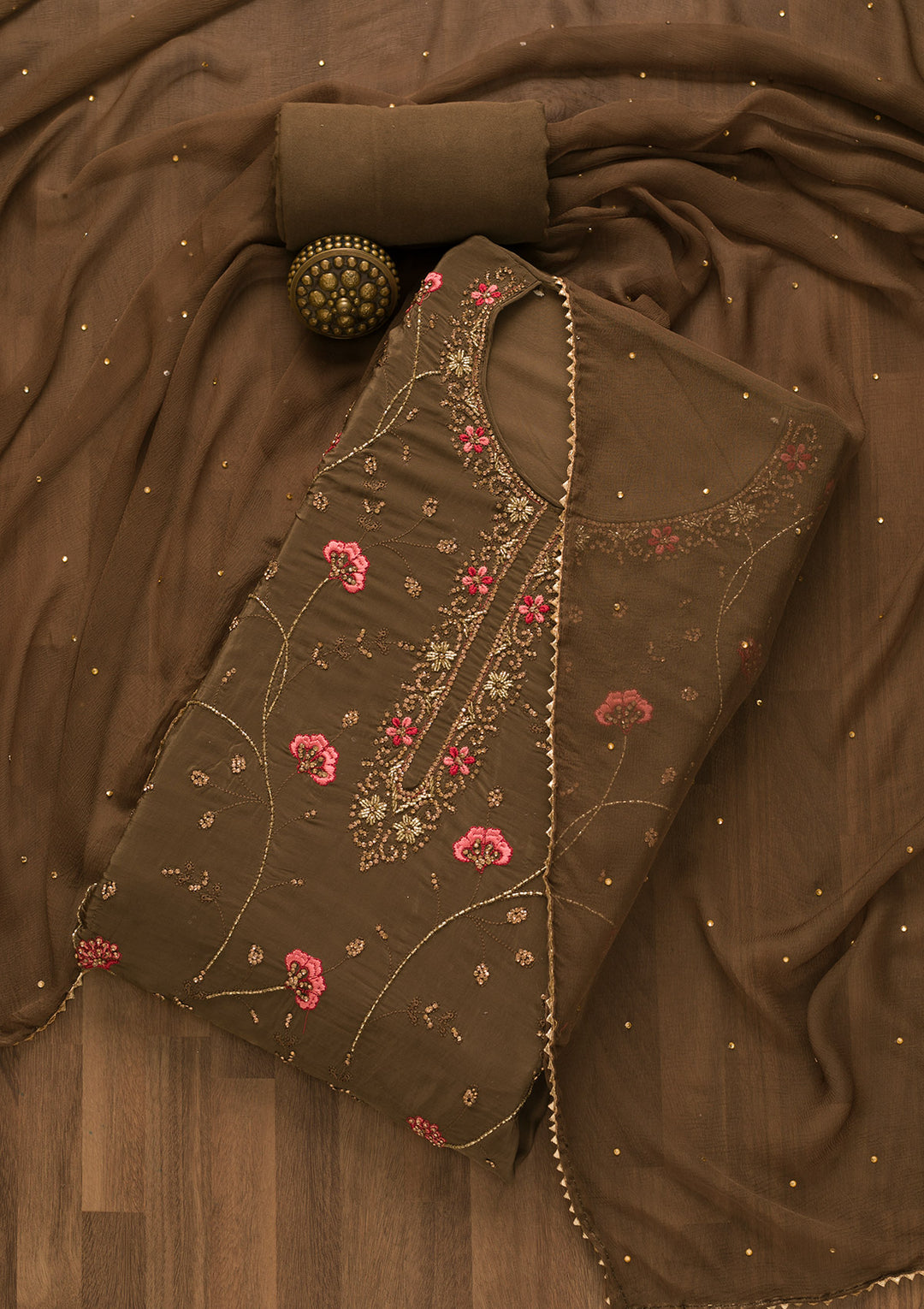 Brown Stonework Semi Crepe Unstitched Salwar Suit-Koskii