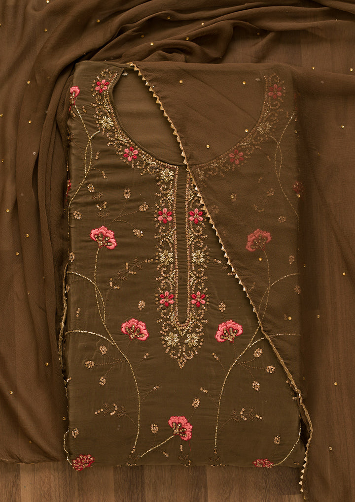Brown Stonework Semi Crepe Unstitched Salwar Suit-Koskii