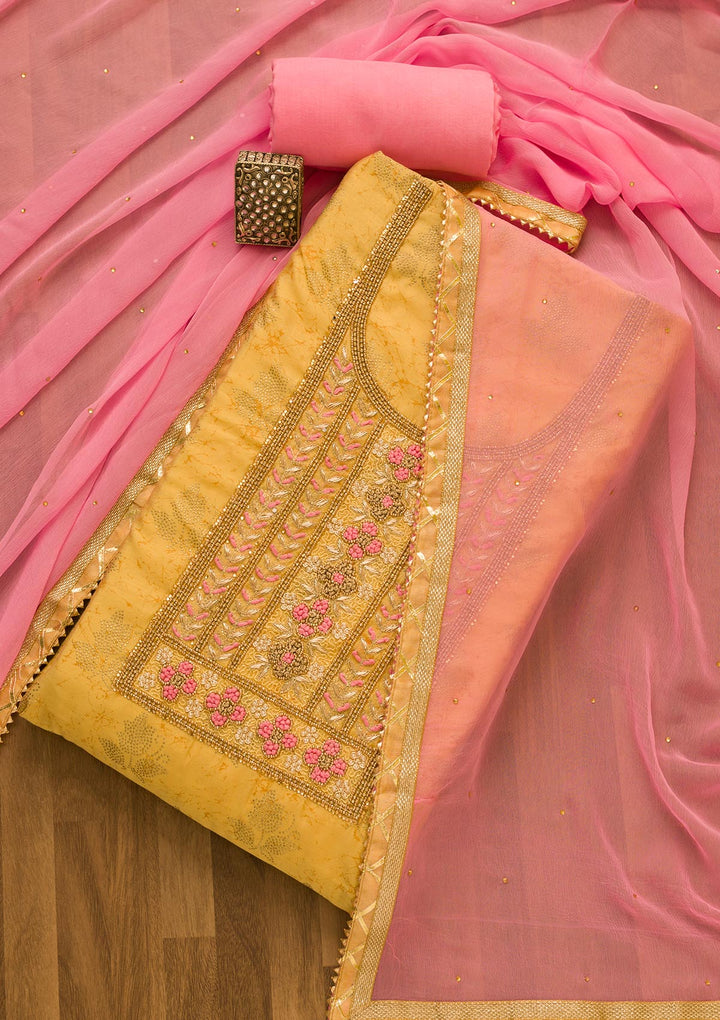 Gold Pearlwork Semi Crepe Unstitched Salwar Suit-Koskii