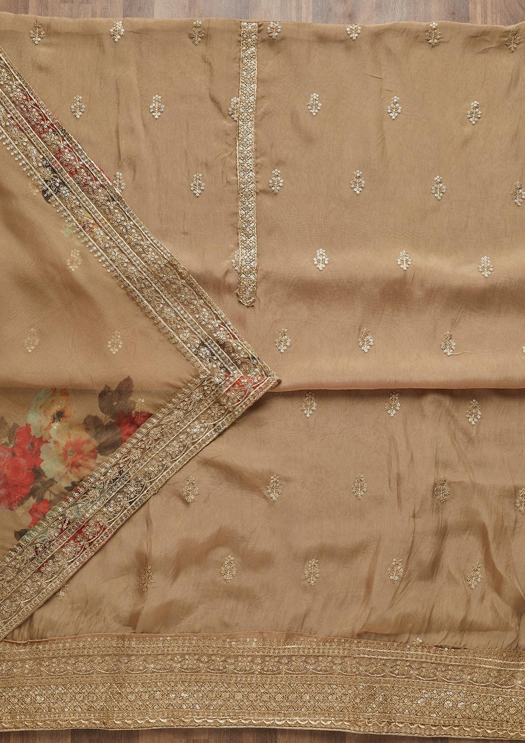 Gold Zariwork Chanderi Unstitched Salwar Suit - Koskii