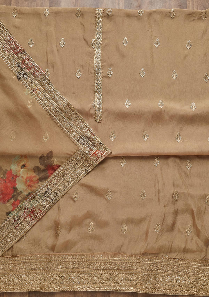 Gold Zariwork Chanderi Unstitched Salwar Suit - Koskii