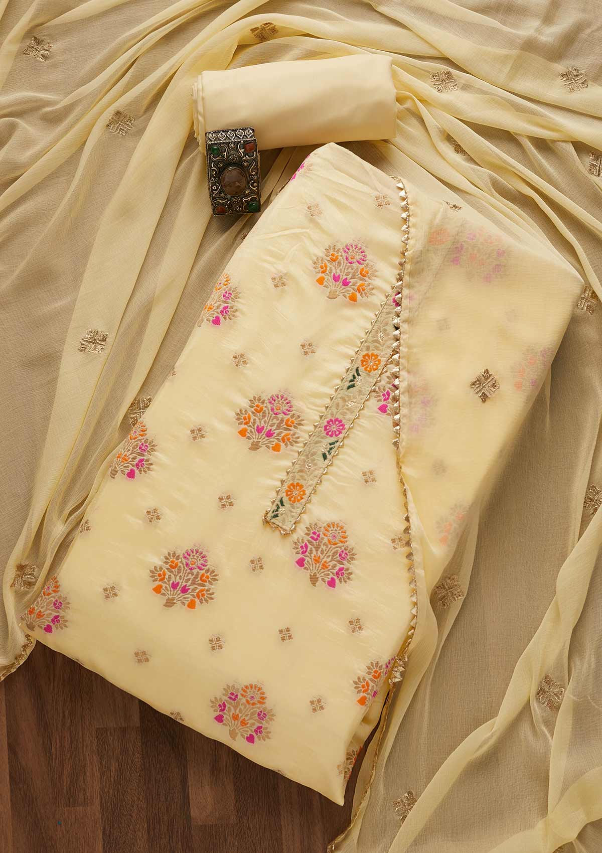 Buy Lemon Yellow Zariwork Brocade Unstitched Salwar Suit Koskii