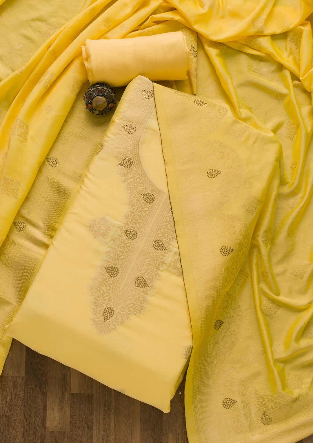 Lemon Yellow Zariwork Cotton Unstitched Salwar Suit-Koskii