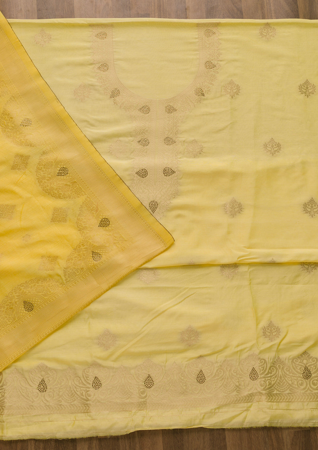 Lemon Yellow Zariwork Cotton Unstitched Salwar Suit-Koskii