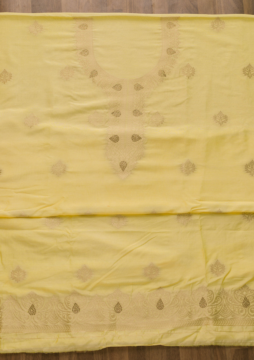 Lemon Yellow Zariwork Cotton Unstitched Salwar Suit-Koskii