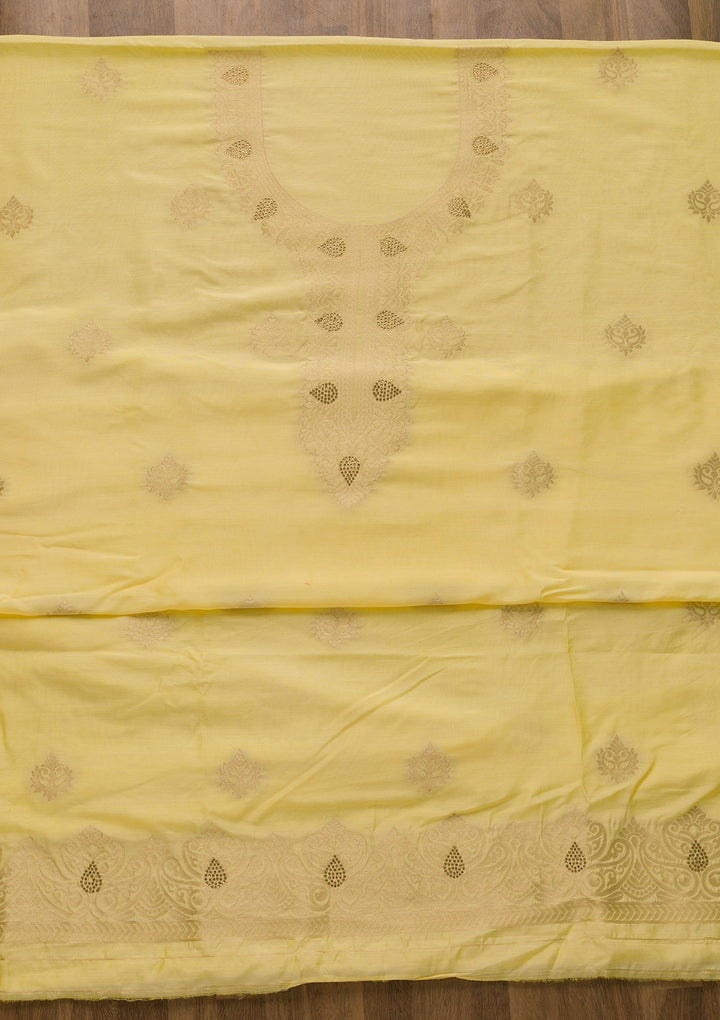 Lemon Yellow Zariwork Cotton Unstitched Salwar Suit-Koskii