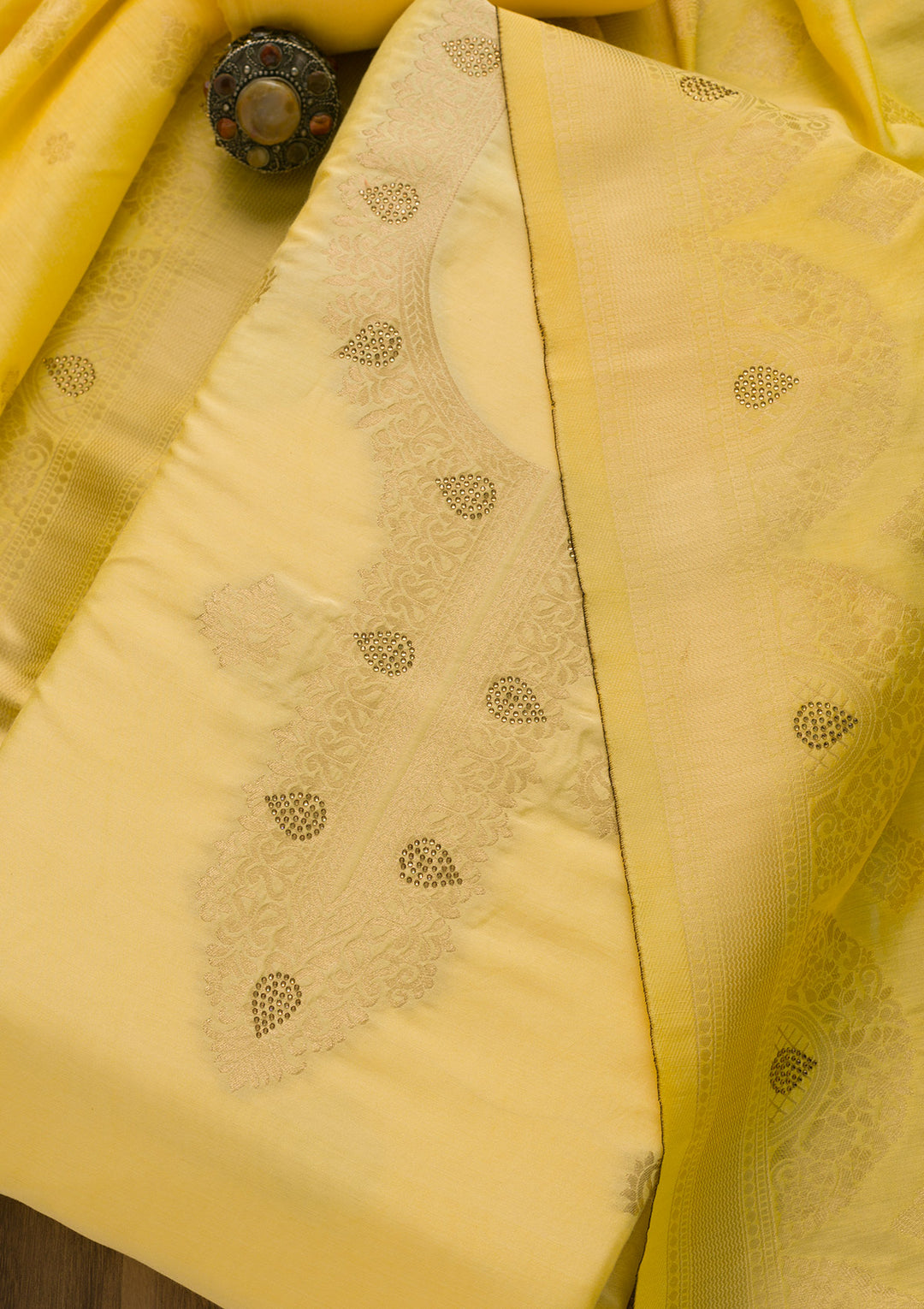 Lemon Yellow Zariwork Cotton Unstitched Salwar Suit-Koskii