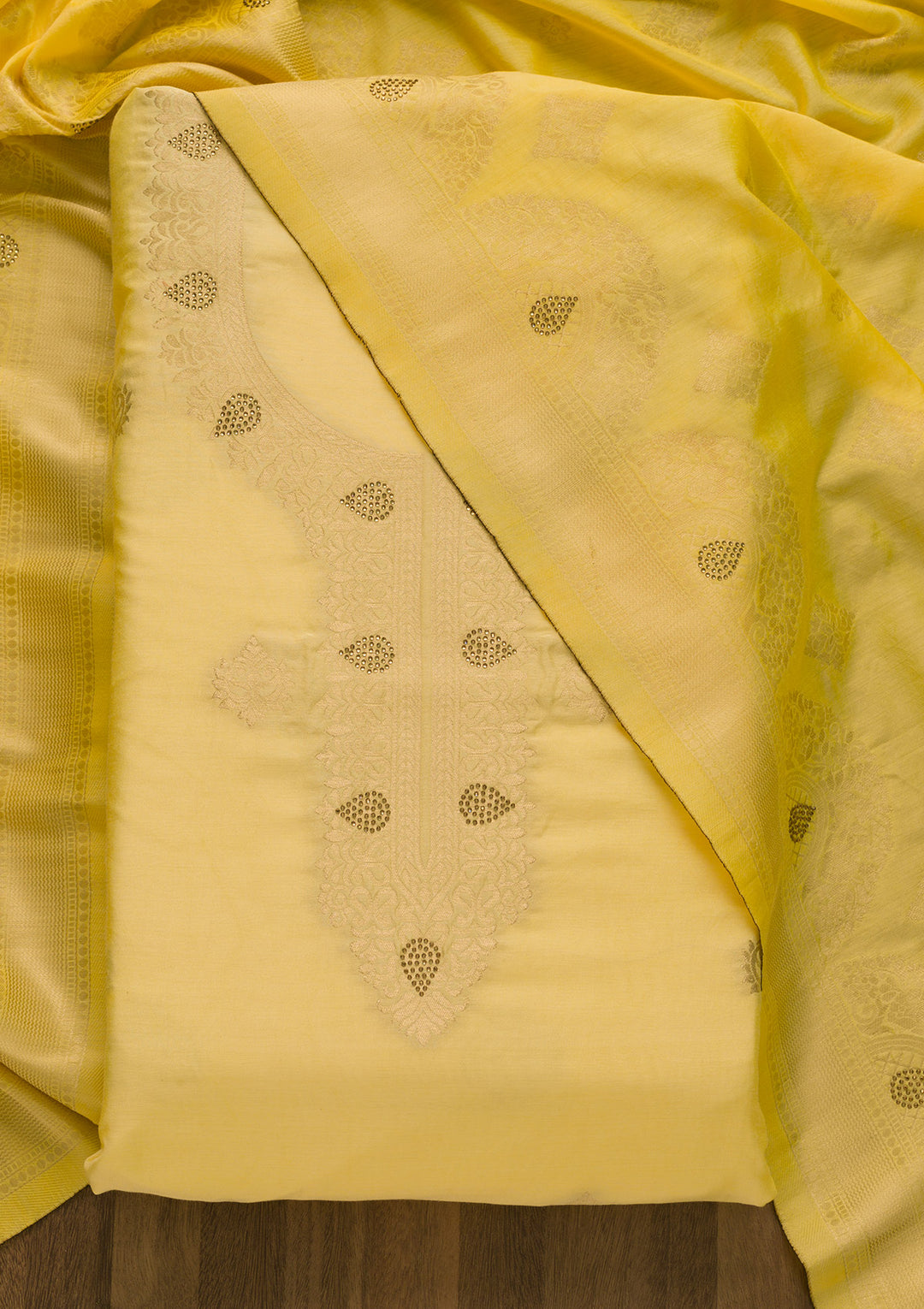 Lemon Yellow Zariwork Cotton Unstitched Salwar Suit-Koskii