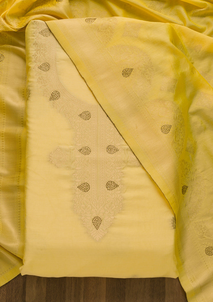 Lemon Yellow Zariwork Cotton Unstitched Salwar Suit-Koskii