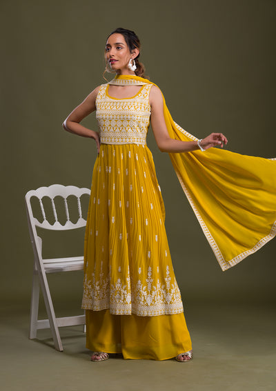 Lemon Yellow Threadwork Georgette Readymade Salwar Suit-Koskii