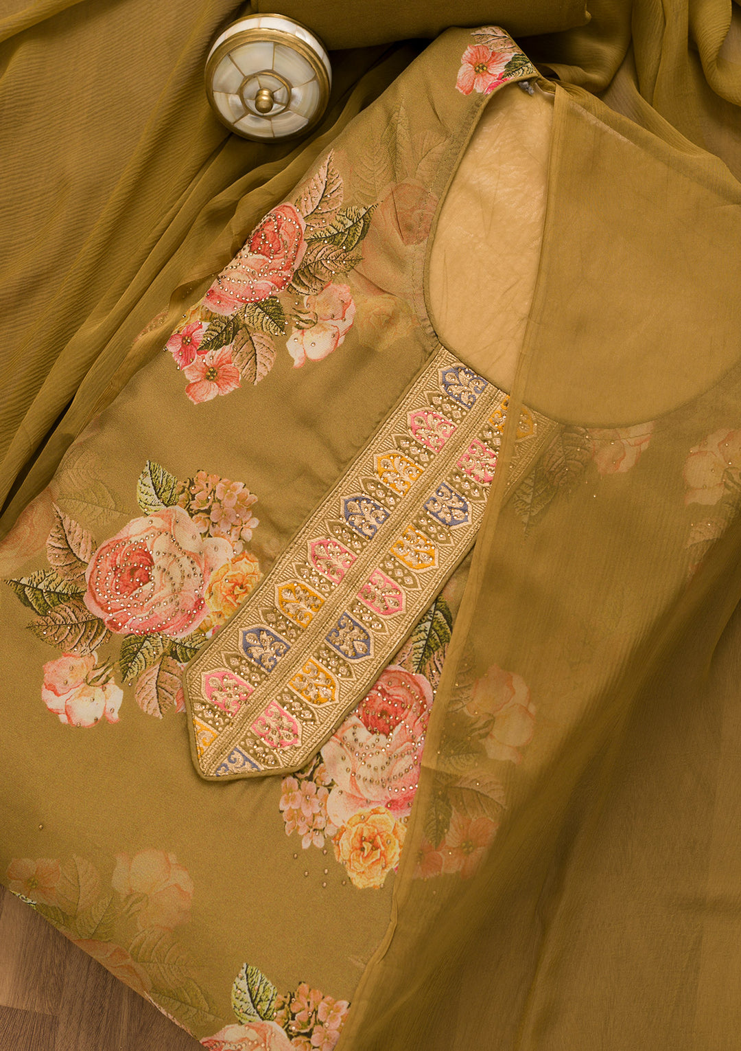 Mehendi Swarovski Semi Crepe Unstitched Salwar Suit-Koskii