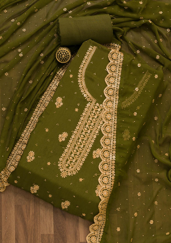 Mehendi Threadwork Semi Crepe Unstitched Salwar Suit-Koskii
