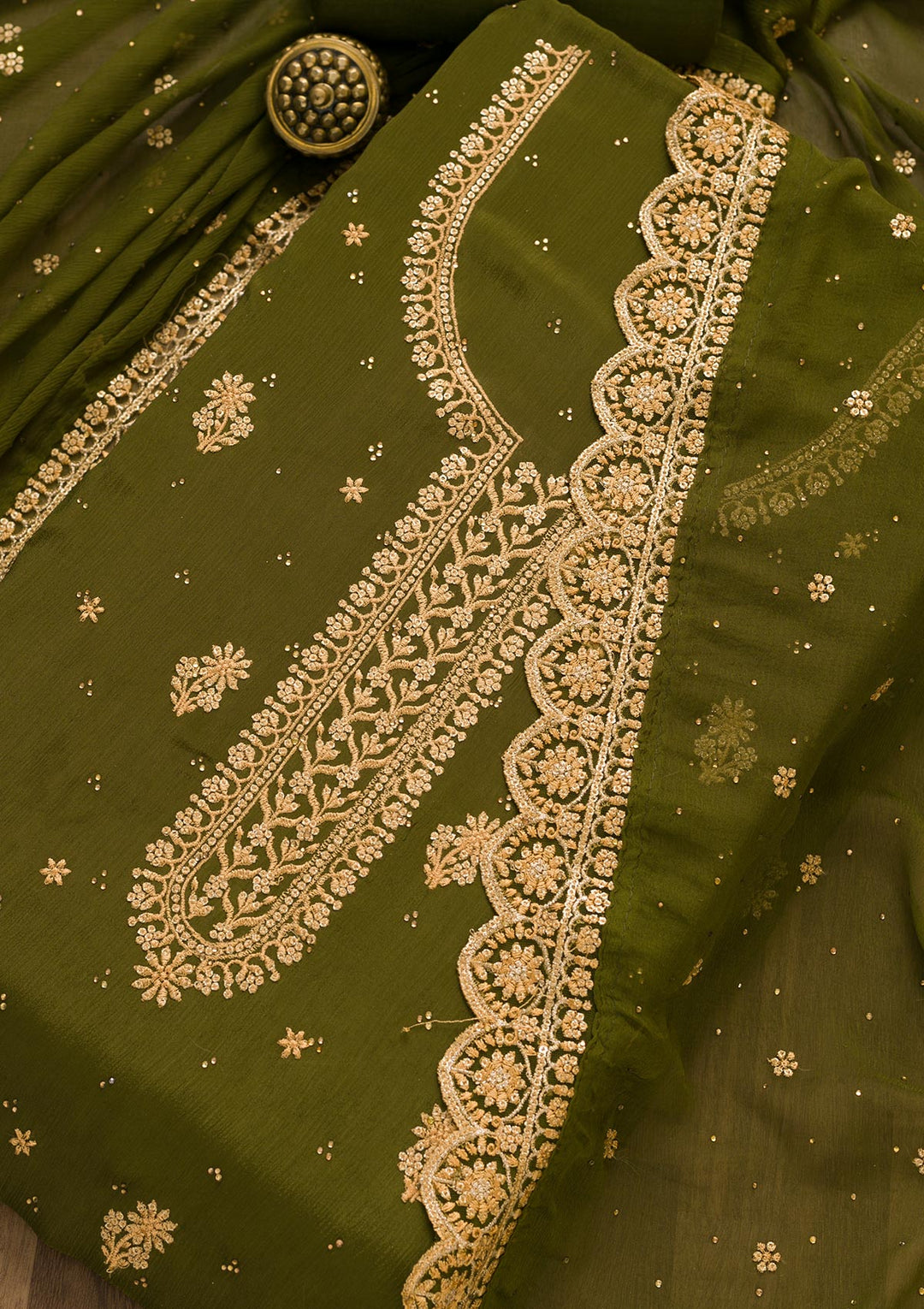 Mehendi Threadwork Semi Crepe Unstitched Salwar Suit-Koskii