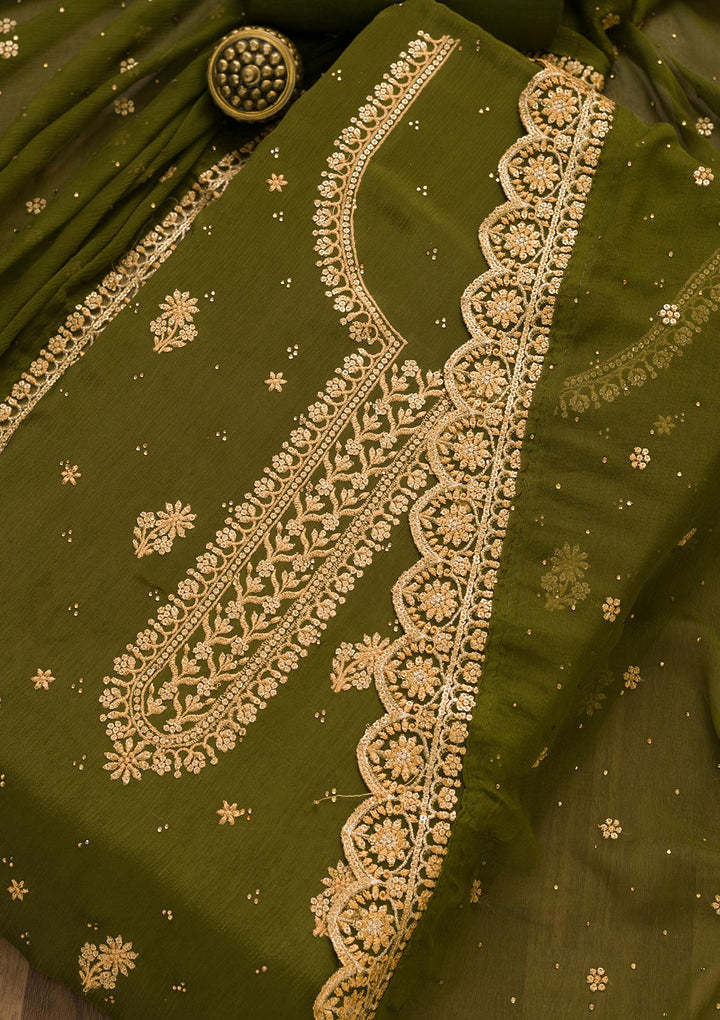 Mehendi Threadwork Semi Crepe Unstitched Salwar Suit-Koskii