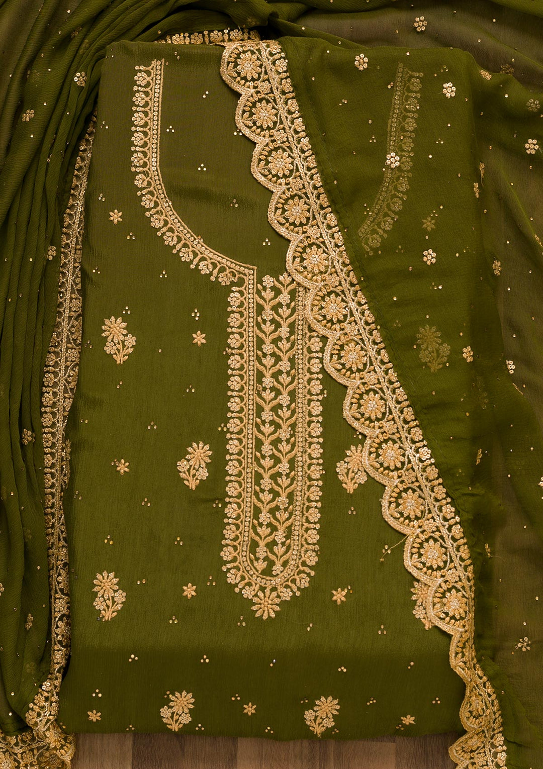 Mehendi Threadwork Semi Crepe Unstitched Salwar Suit-Koskii