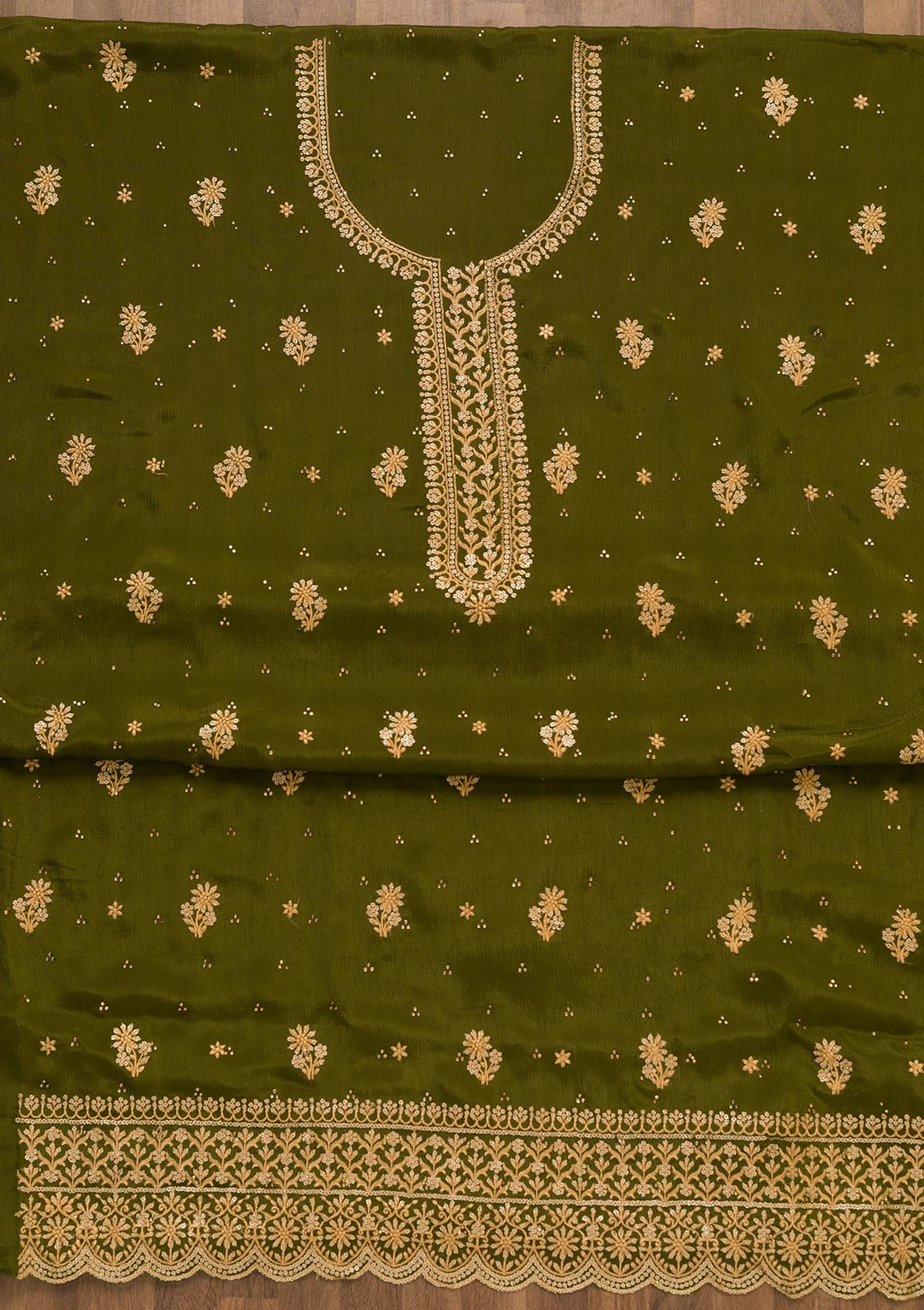 Mehendi Threadwork Semi Crepe Unstitched Salwar Suit-Koskii