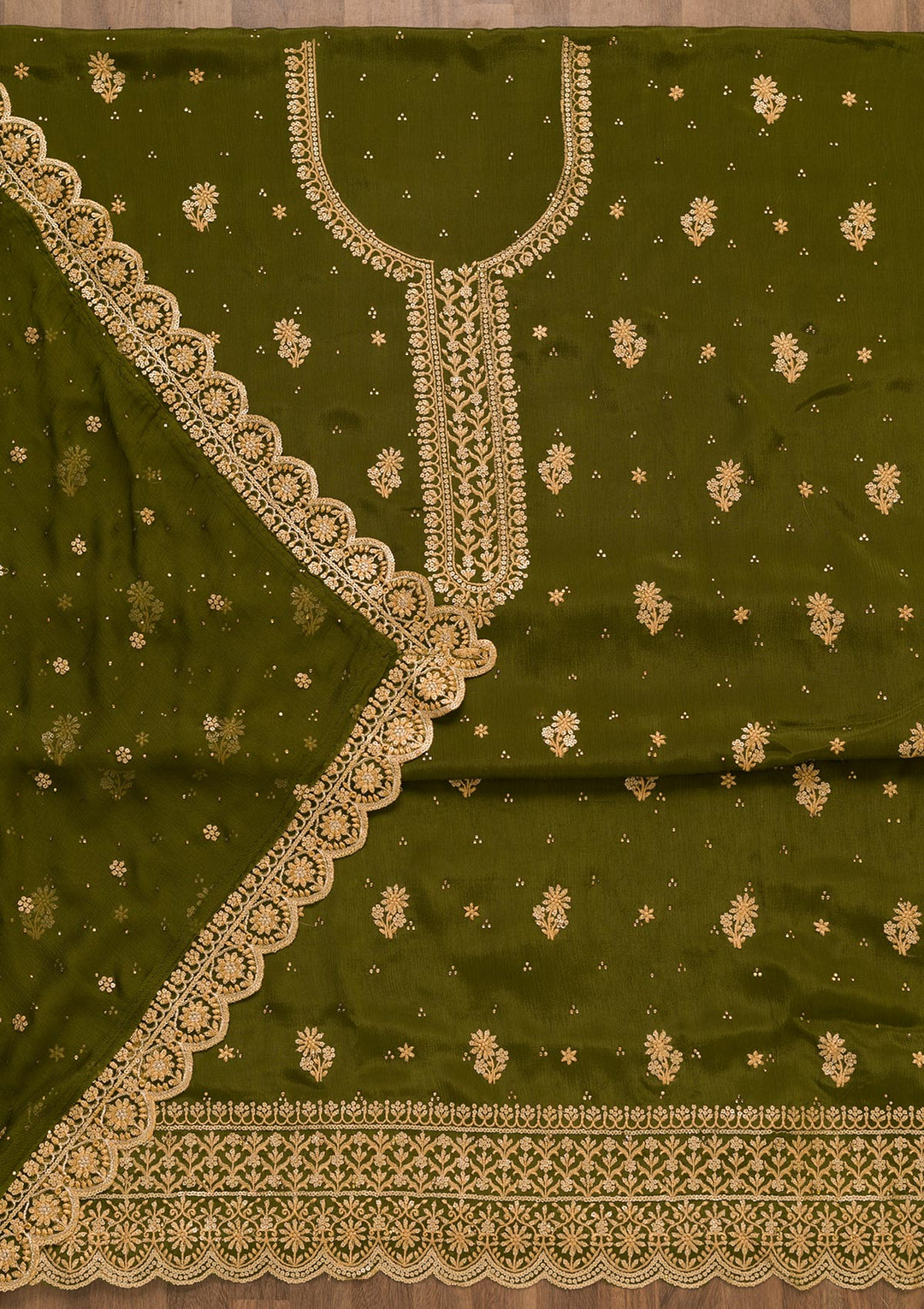 Mehendi Threadwork Semi Crepe Unstitched Salwar Suit-Koskii