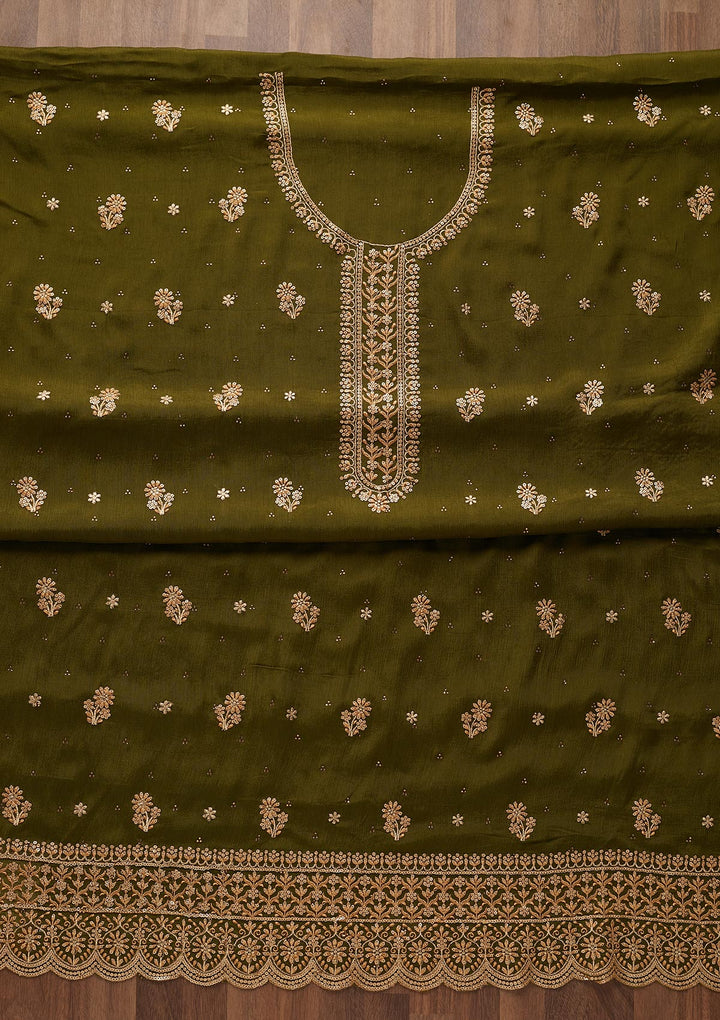 Mehendi Zariwork Chiffon Unstitched Salwar Suit - Koskii