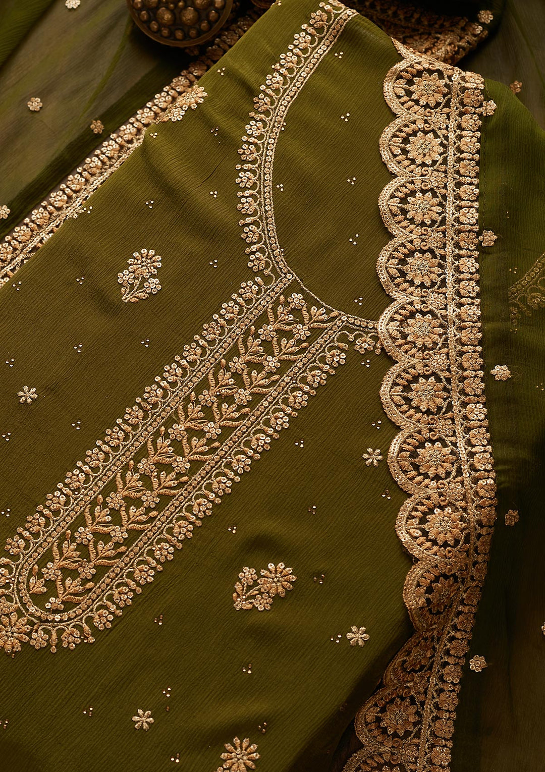 Mehendi Zariwork Chiffon Unstitched Salwar Suit - Koskii