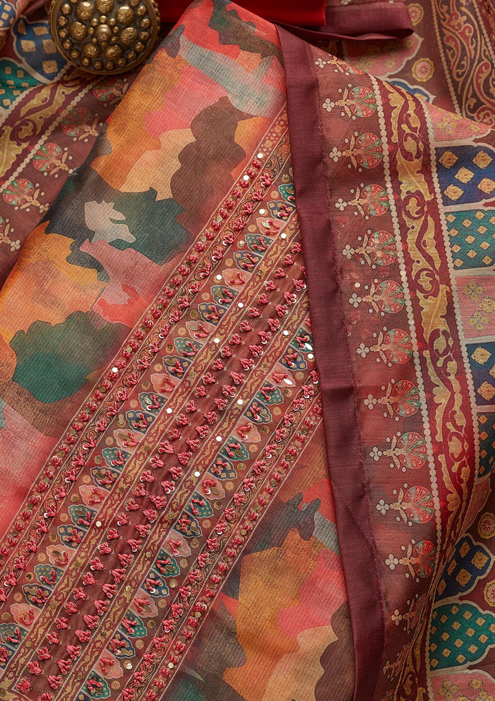 Multi Threadwork Chanderi Semi-Stitched Salwar Suit - Koskii