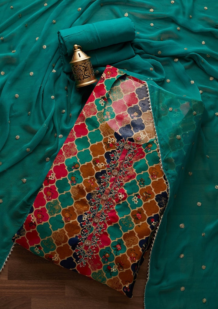 Multi Threadwork Semi Crepe Designer Unstitched Salwar Suit - Koskii