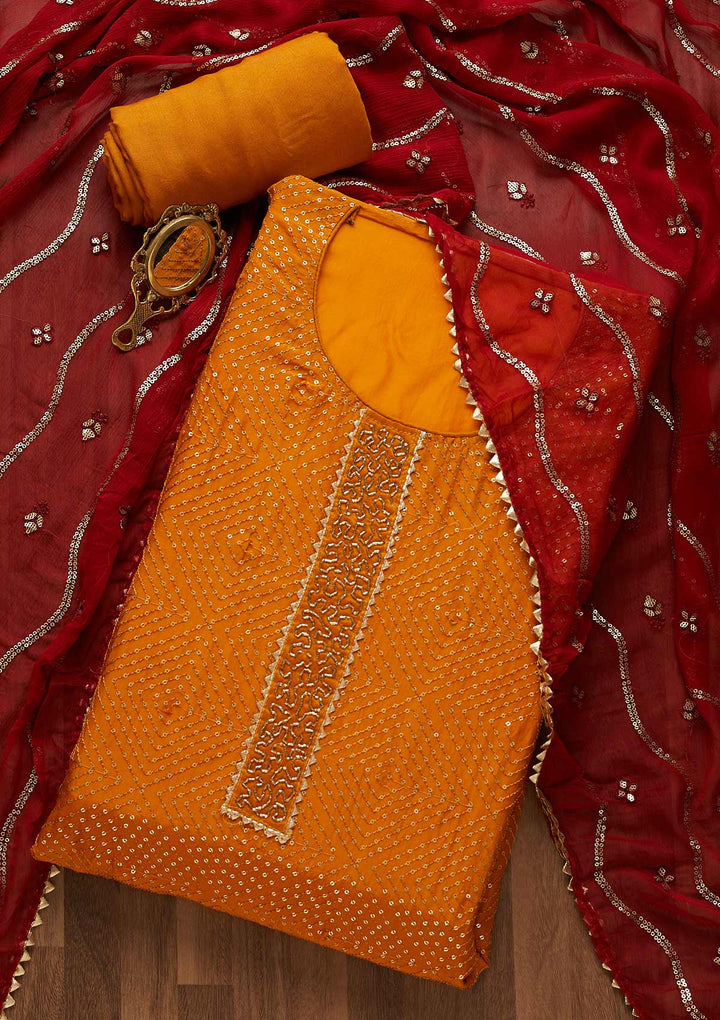Mustard Sequins Semi Crepe Unstitched Salwar Suit-Koskii