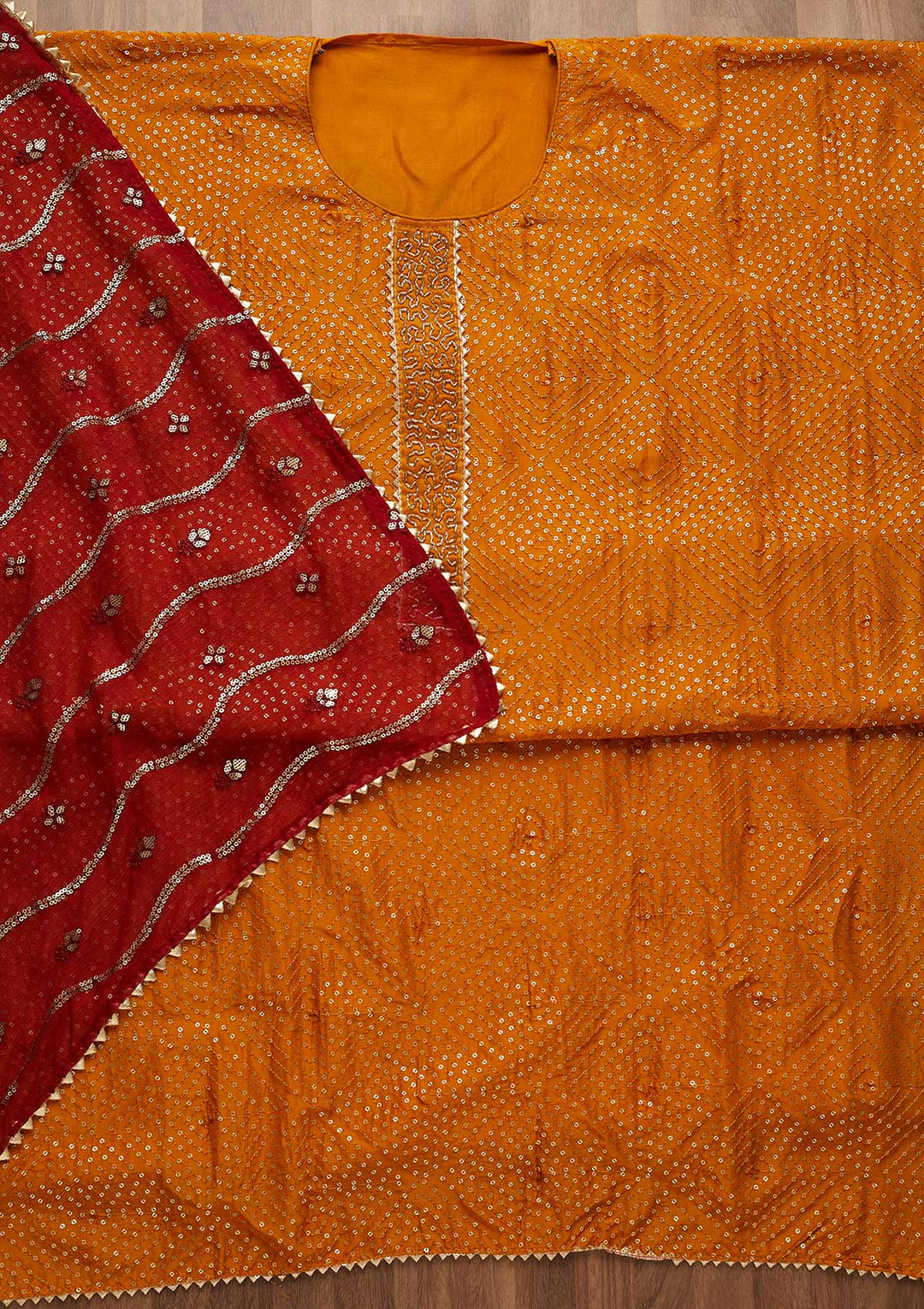 Mustard Sequins Semi Crepe Unstitched Salwar Suit-Koskii