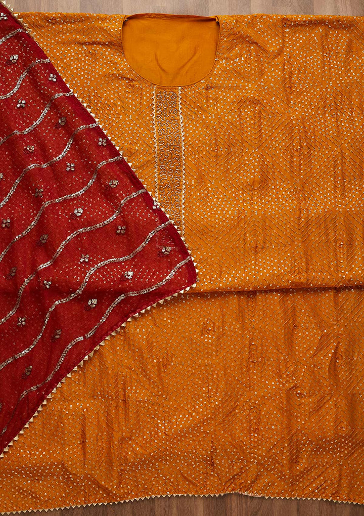 Mustard Sequins Semi Crepe Unstitched Salwar Suit-Koskii