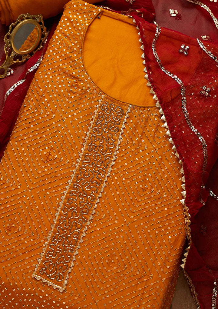 Mustard Sequins Semi Crepe Unstitched Salwar Suit-Koskii
