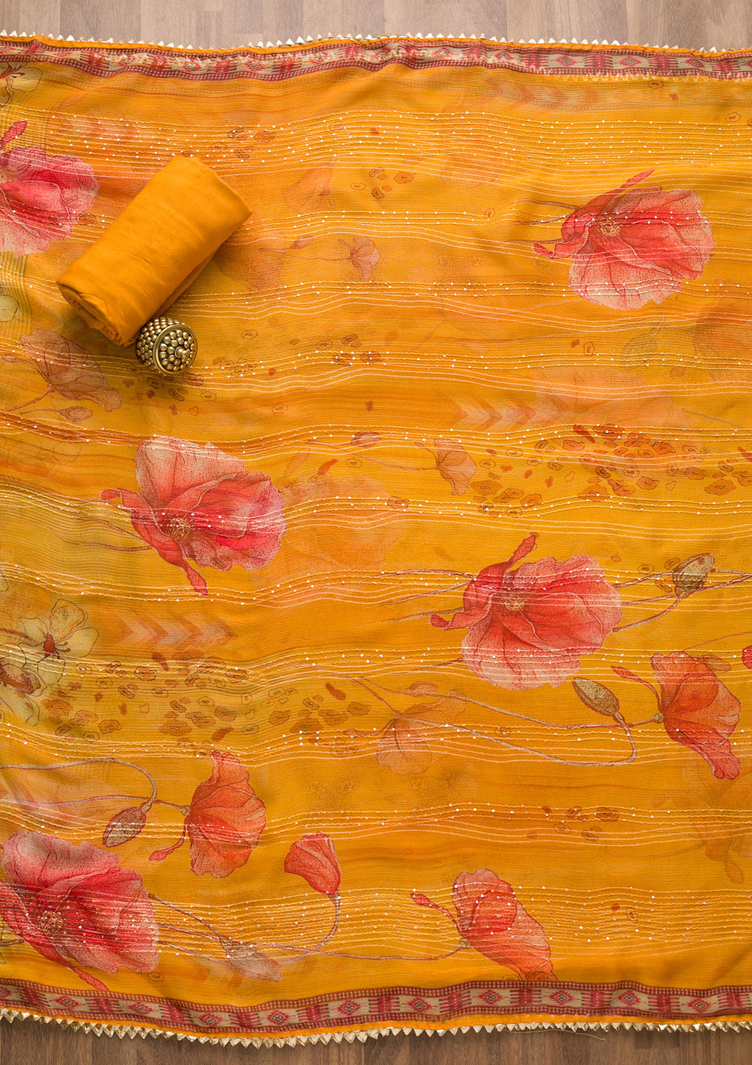 Mustard Zariwork Georgette Unstitched Salwar Suit-Koskii