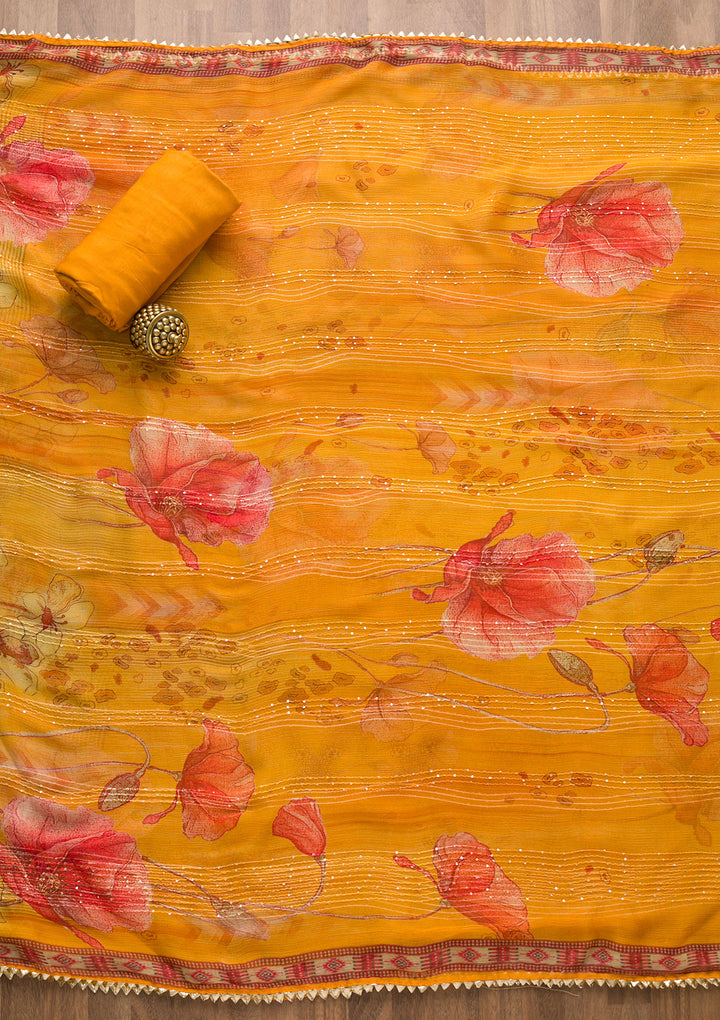 Mustard Zariwork Georgette Unstitched Salwar Suit-Koskii