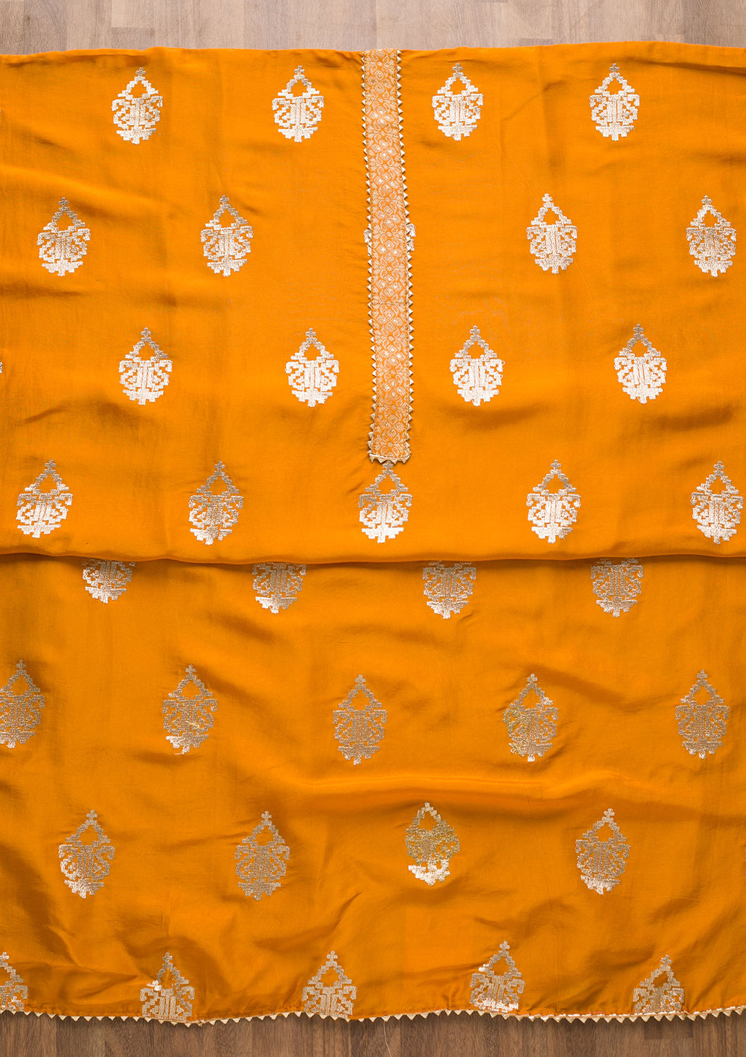 Mustard Zariwork Georgette Unstitched Salwar Suit-Koskii