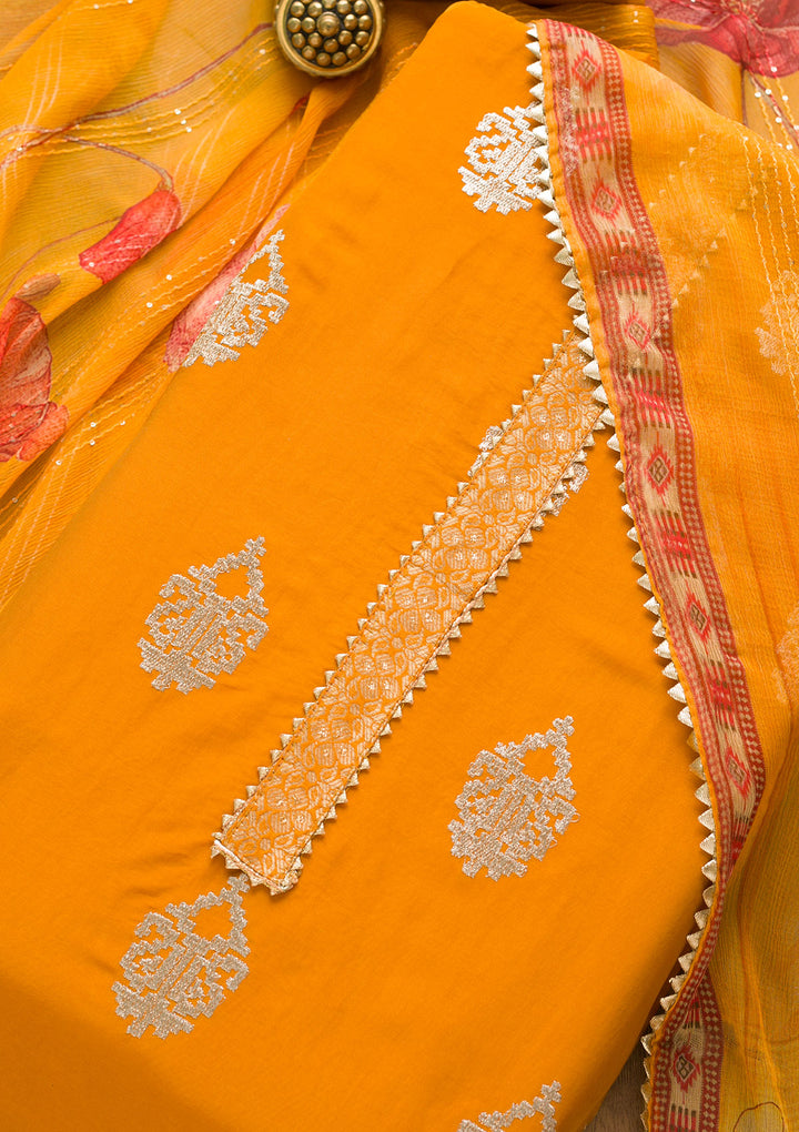 Mustard Zariwork Georgette Unstitched Salwar Suit-Koskii