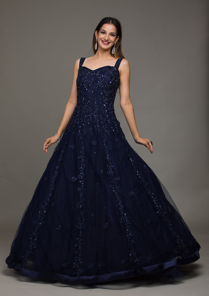 Navy Blue Sequins Raw Silk Gown-Koskii