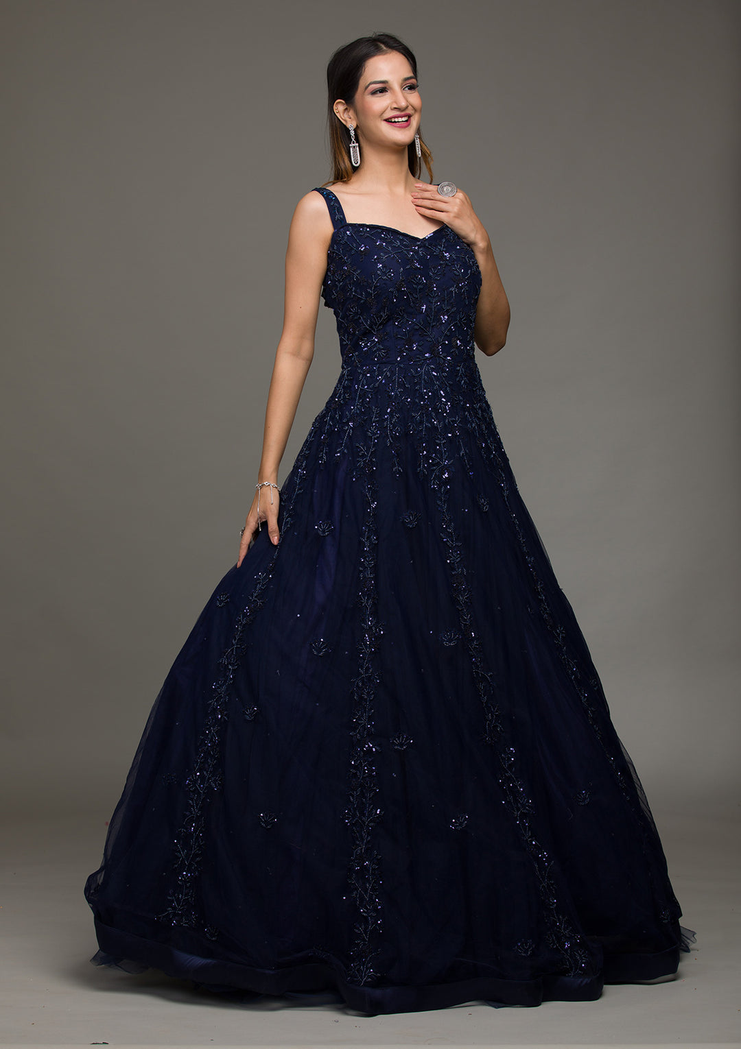 Navy Blue Sequins Raw Silk Gown-Koskii