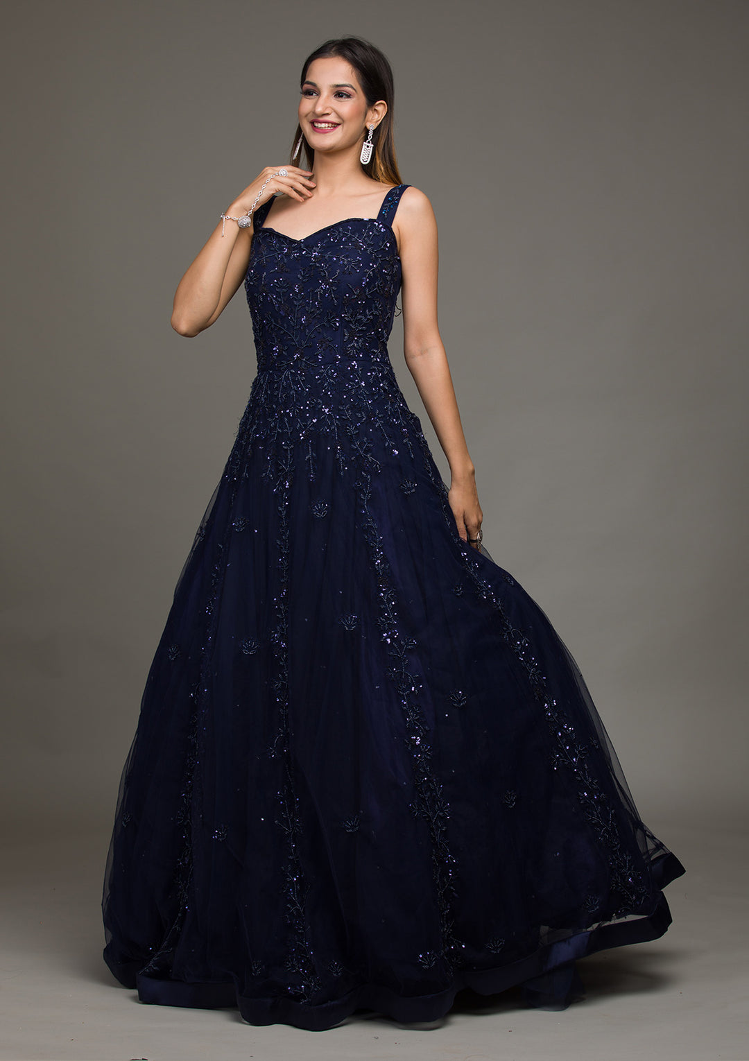 Navy Blue Sequins Raw Silk Gown-Koskii