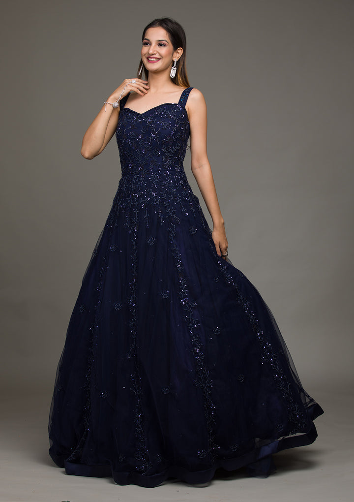 Navy Blue Sequins Raw Silk Gown-Koskii