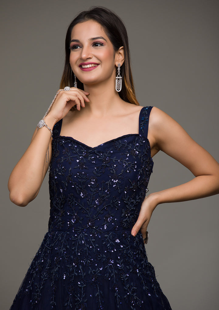 Navy Blue Sequins Raw Silk Gown-Koskii