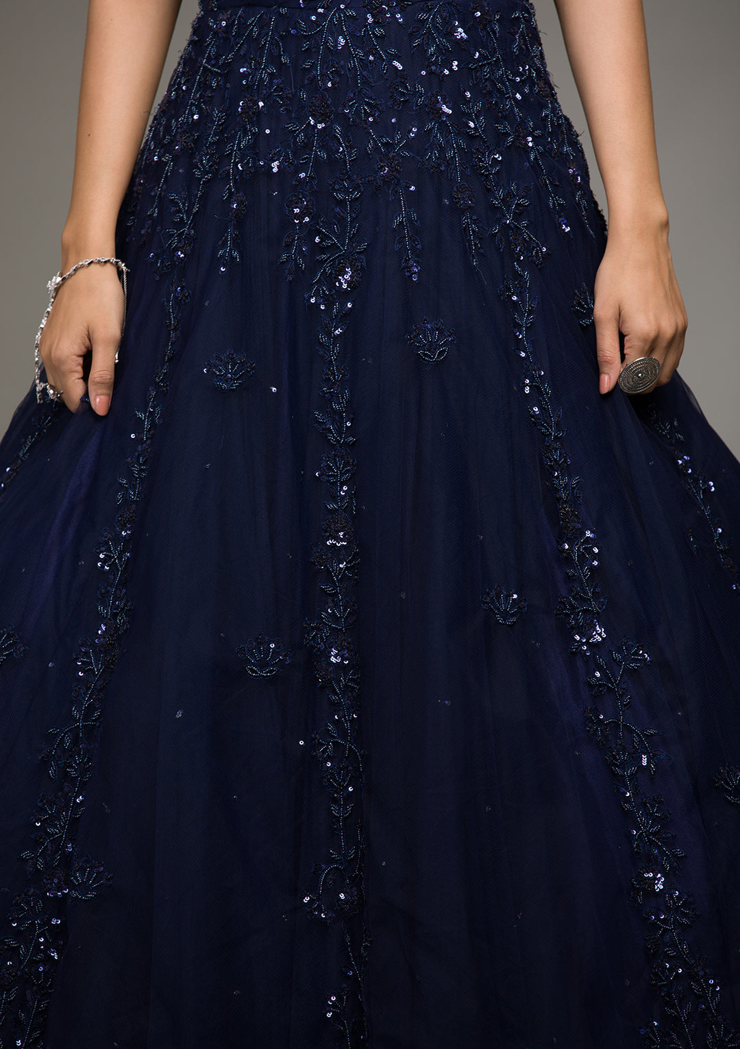 Navy Blue Sequins Raw Silk Gown-Koskii
