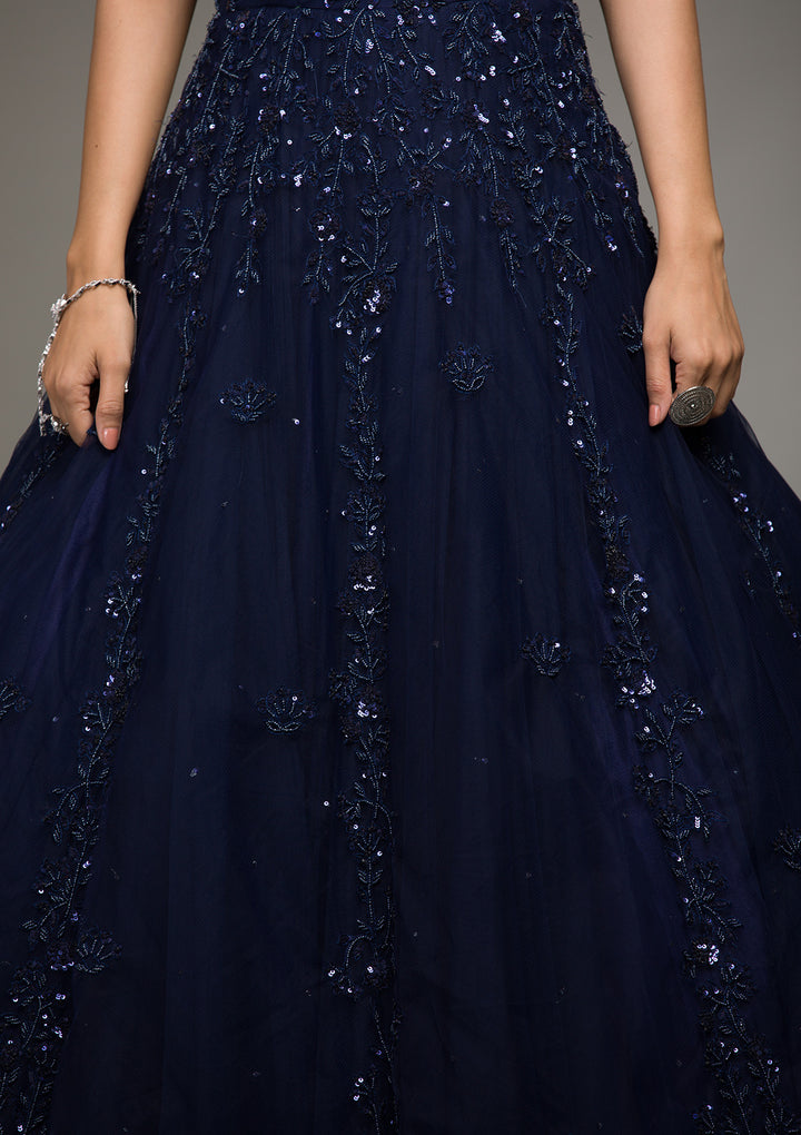 Navy Blue Sequins Raw Silk Gown-Koskii